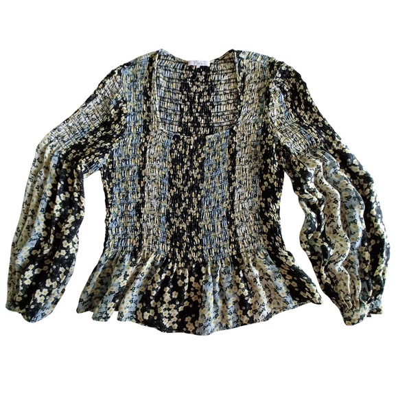 Parker Tops - Parker Womens Silk Floral Smocked Peplum Blouse Black Daisy Balloon Sleeve Sz M